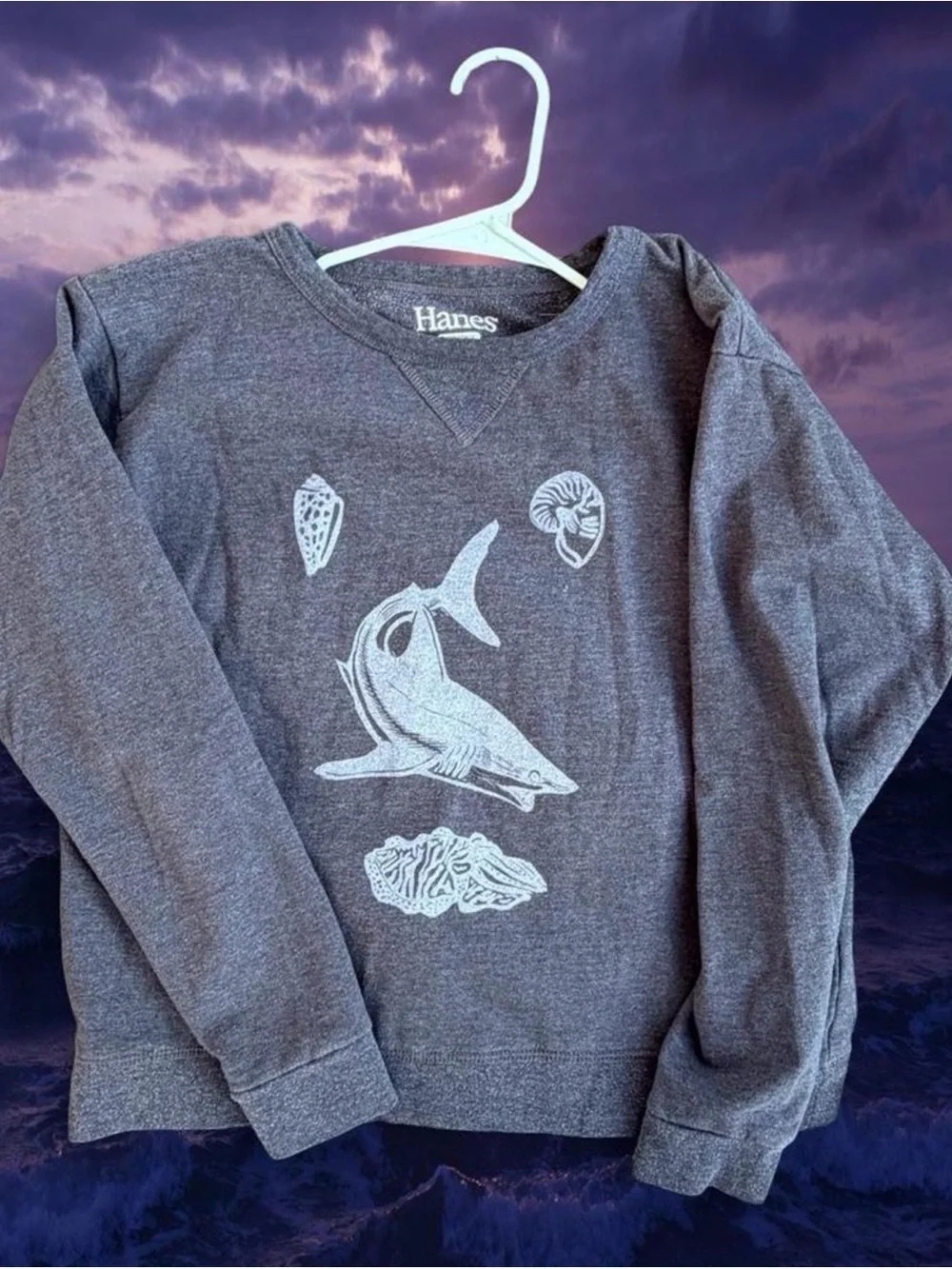 Hanes Men's Gray Crewneck Sweatshirt with White Shark Graphic